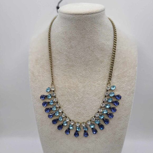 J Crew Factory Blue Clear Crystal Statement Necklace NWT!  NEW! Silver Tone - Picture 3 of 10